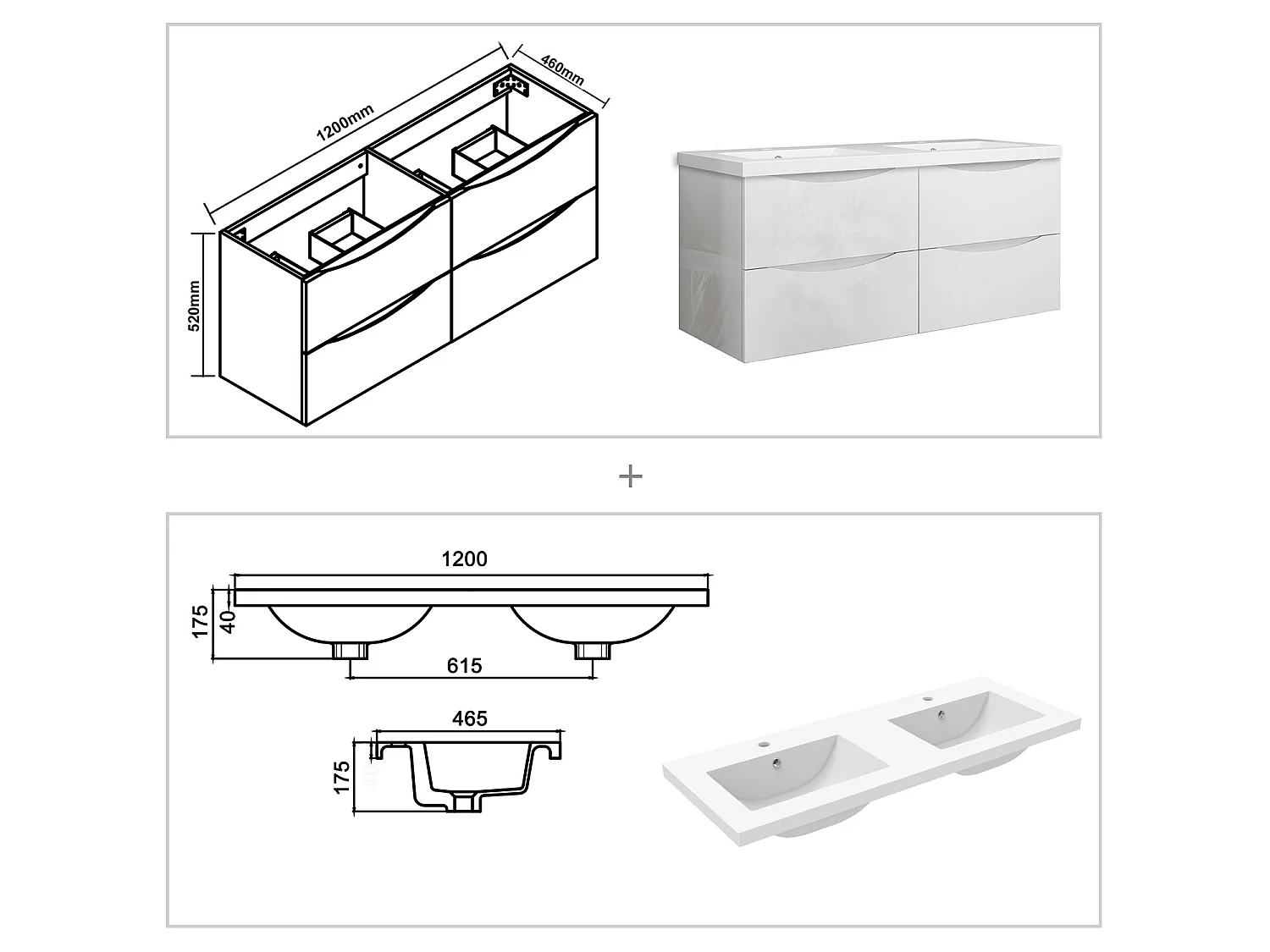 Meuble de salle de bain suspendu Brillant 120cm avec simple vasque + 4 tiroirs, Blanc