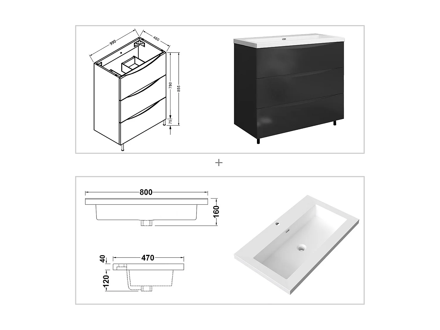 Meuble de salle de bain Brillant, Meuble de sol 100cm avec simple lavabo + 3 tiroirs, Anthracite