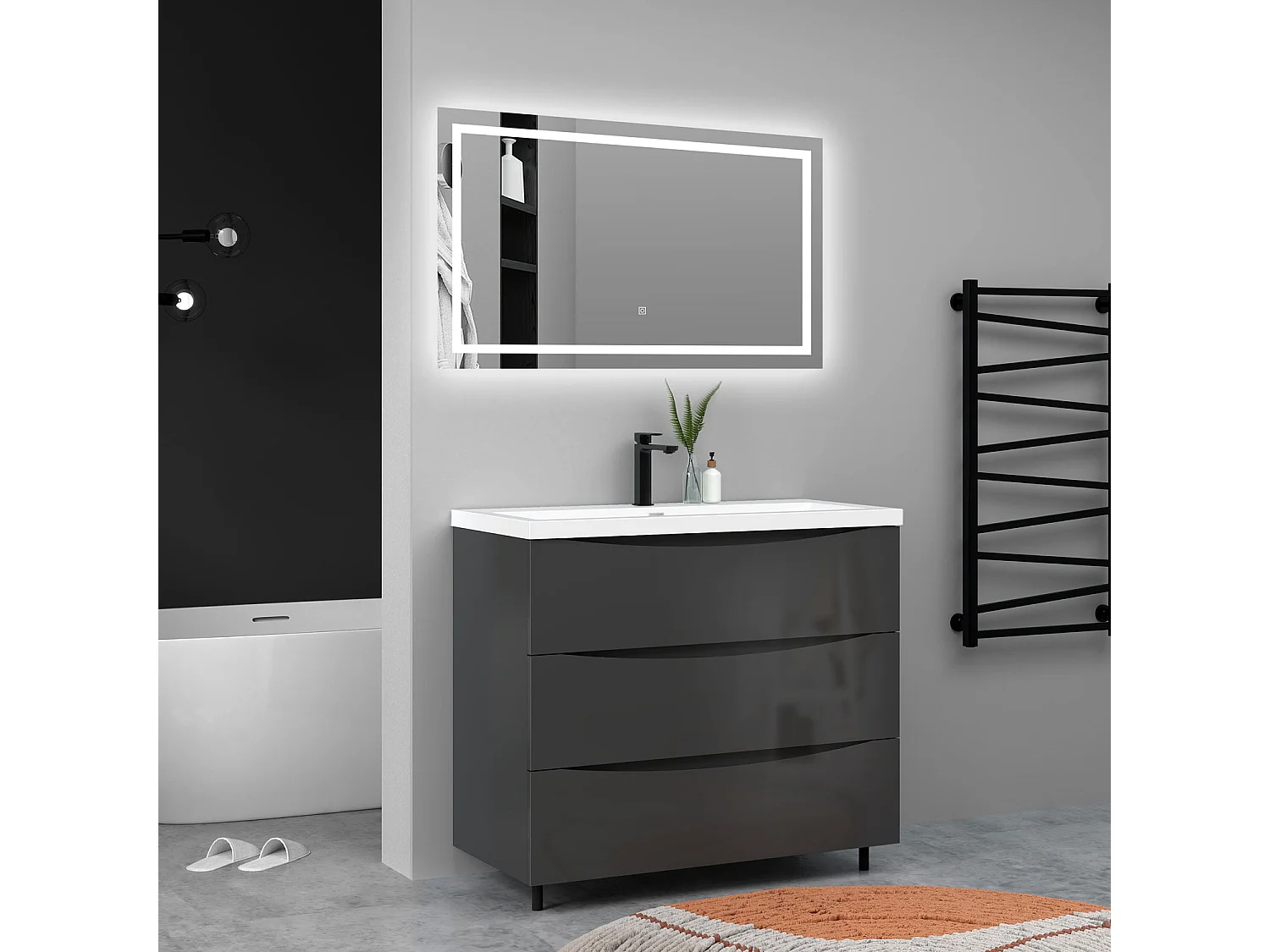 Meuble de salle de bain Brillant, Meuble de sol 100cm avec simple lavabo + 3 tiroirs, Anthracite