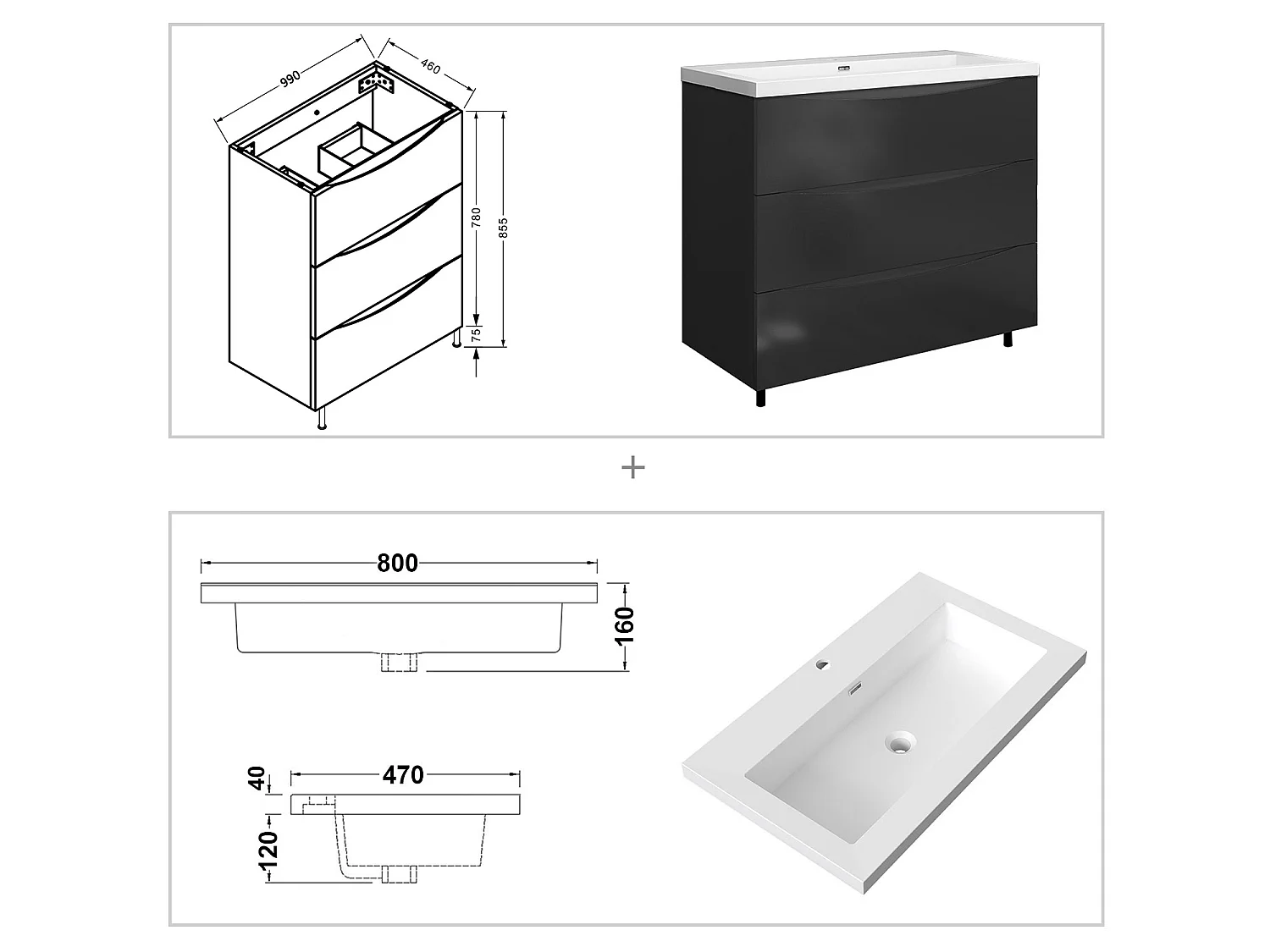 Meuble de salle de bain Brillant, Meuble de sol 100cm avec simple lavabo + 3 tiroirs, Anthracite