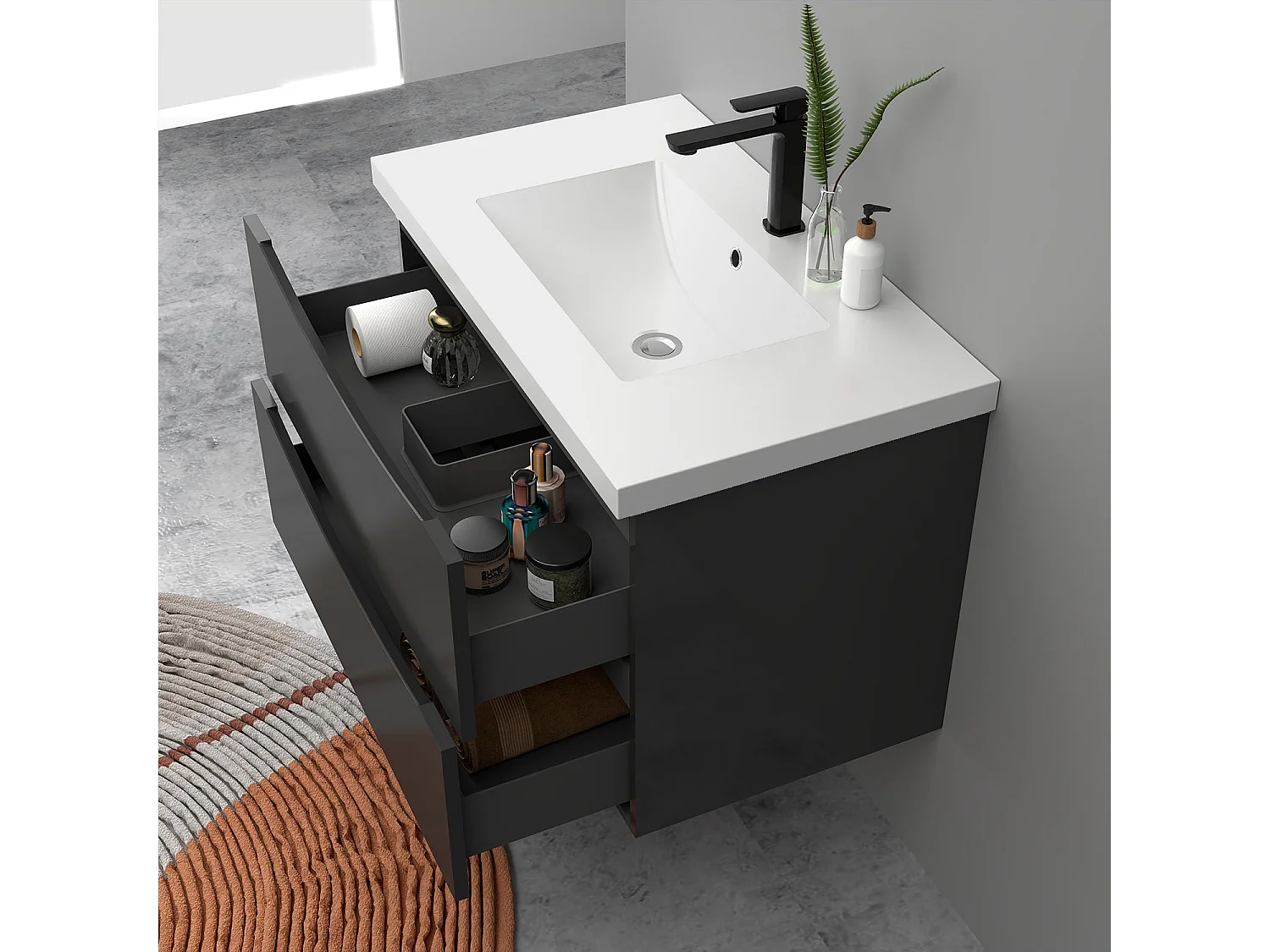 Meuble de salle de bain suspendu Brillant 80cm avec simple vasque + 2 tiroirs, Anthracite