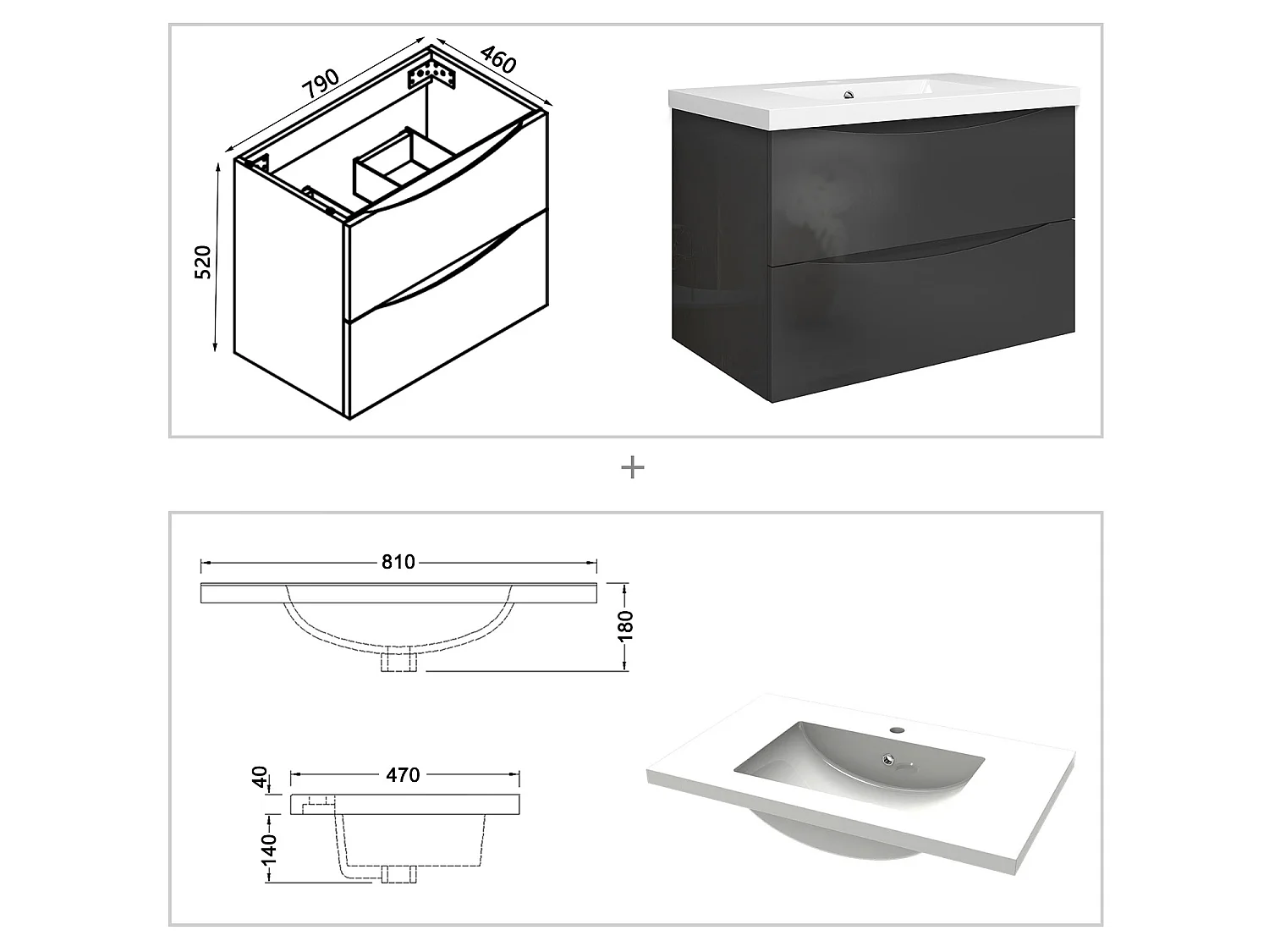 Meuble de salle de bain suspendu Brillant 80cm avec simple vasque + 2 tiroirs, Anthracite