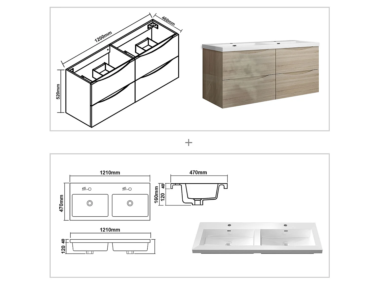 Meuble de salle de bain suspendu Brillant 120cm avec simple lavabo + 4 tiroirs, Chêne