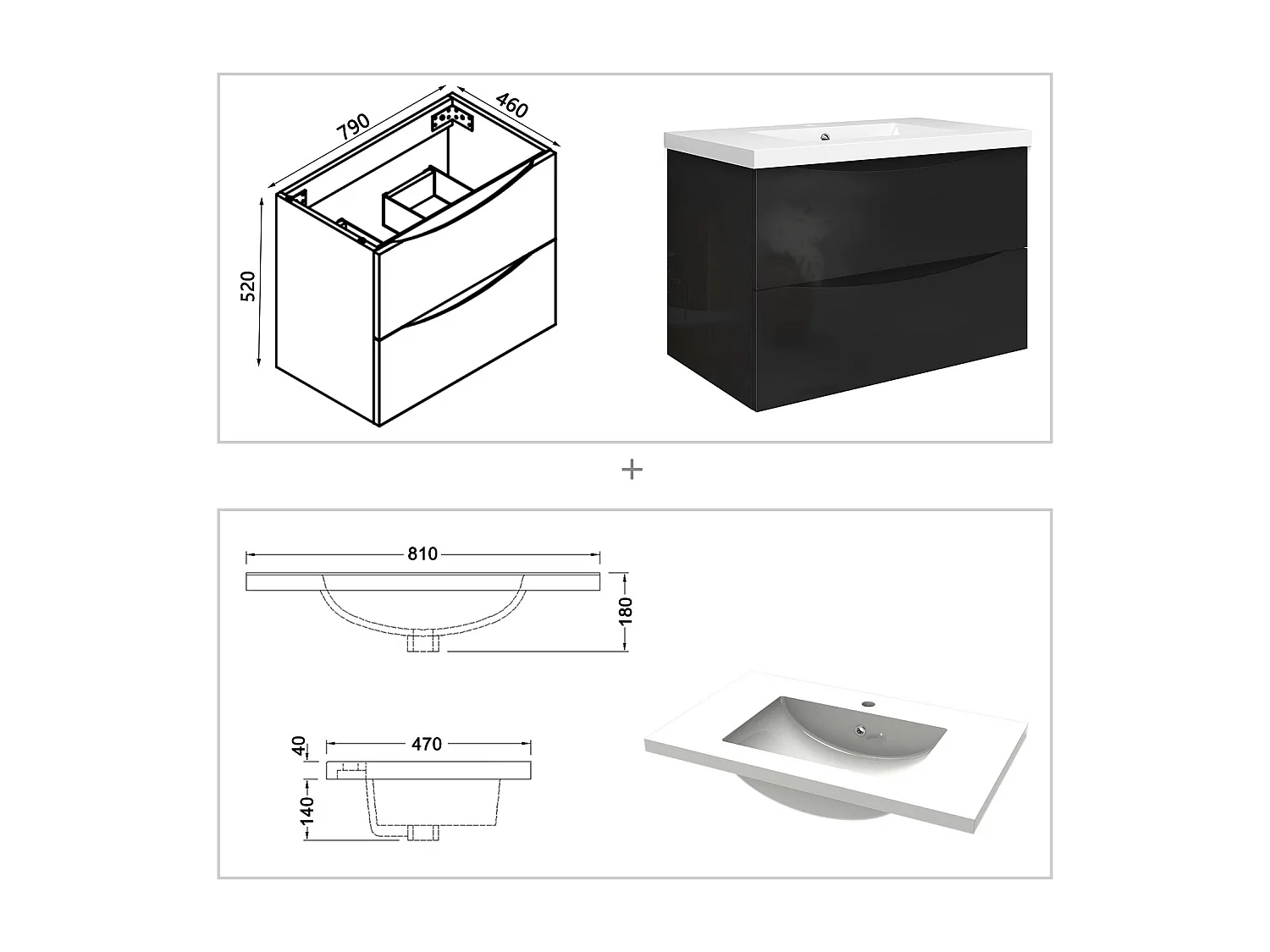 Meuble de salle de bain suspendu Brillant 80cm avec simple vasque + 2 tiroirs, Noir