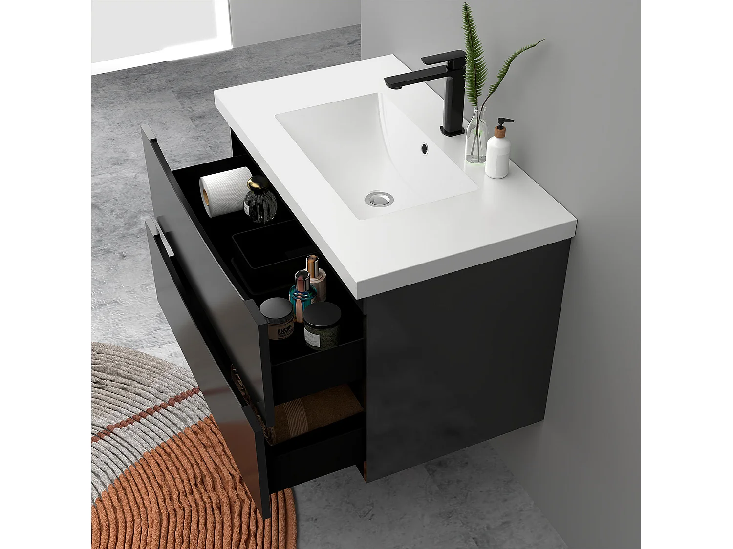 Meuble de salle de bain suspendu Brillant 80cm avec simple vasque + 2 tiroirs, Noir
