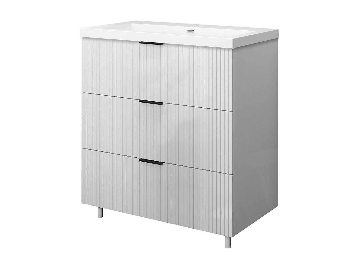 Meuble de salle de bain Strié Brillant, Meuble de sol 80cm avec simple lavabo + 3 tiroirs, Blanc