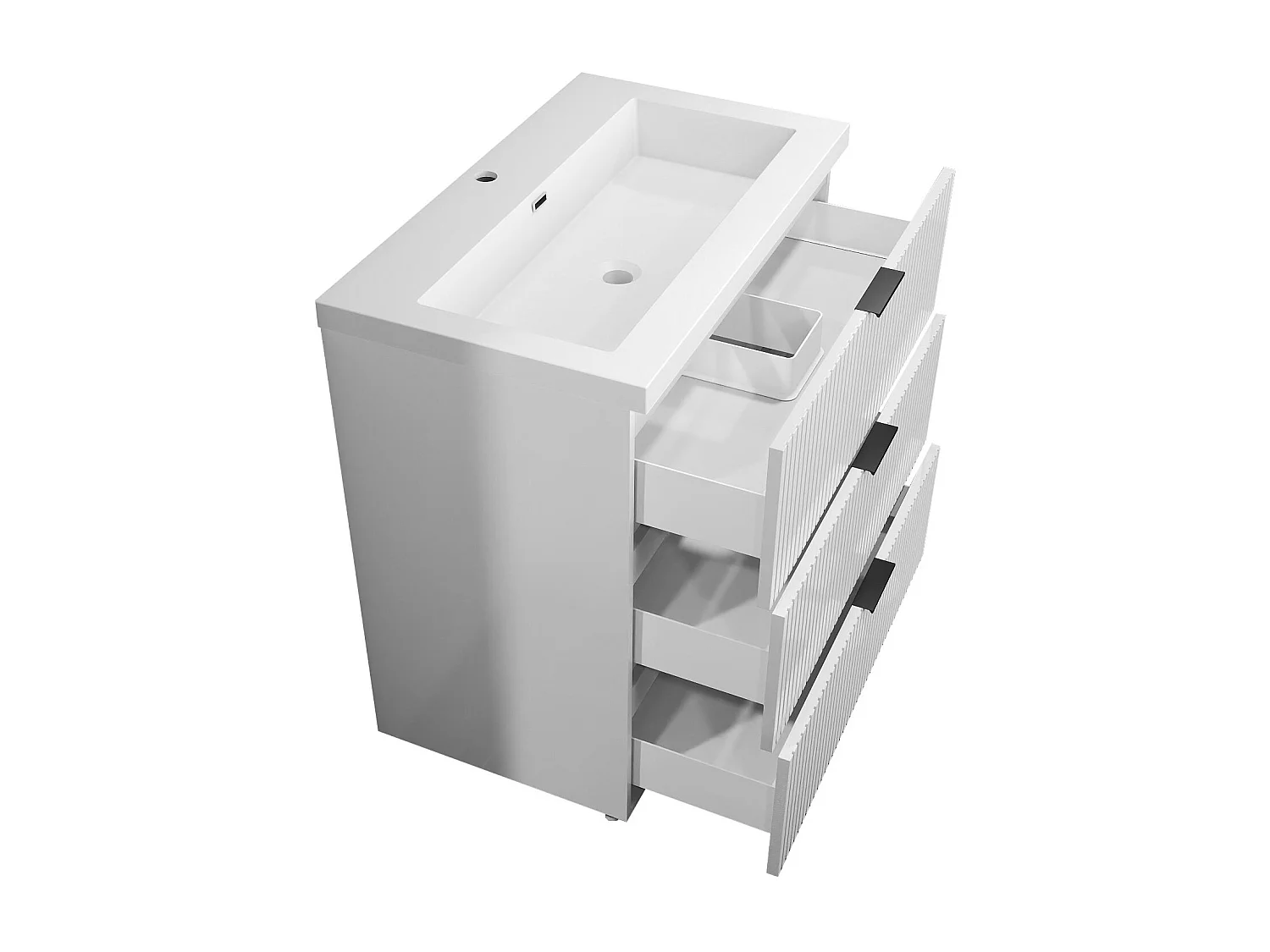 Meuble de salle de bain Strié Brillant, Meuble de sol 80cm avec simple lavabo + 3 tiroirs, Blanc