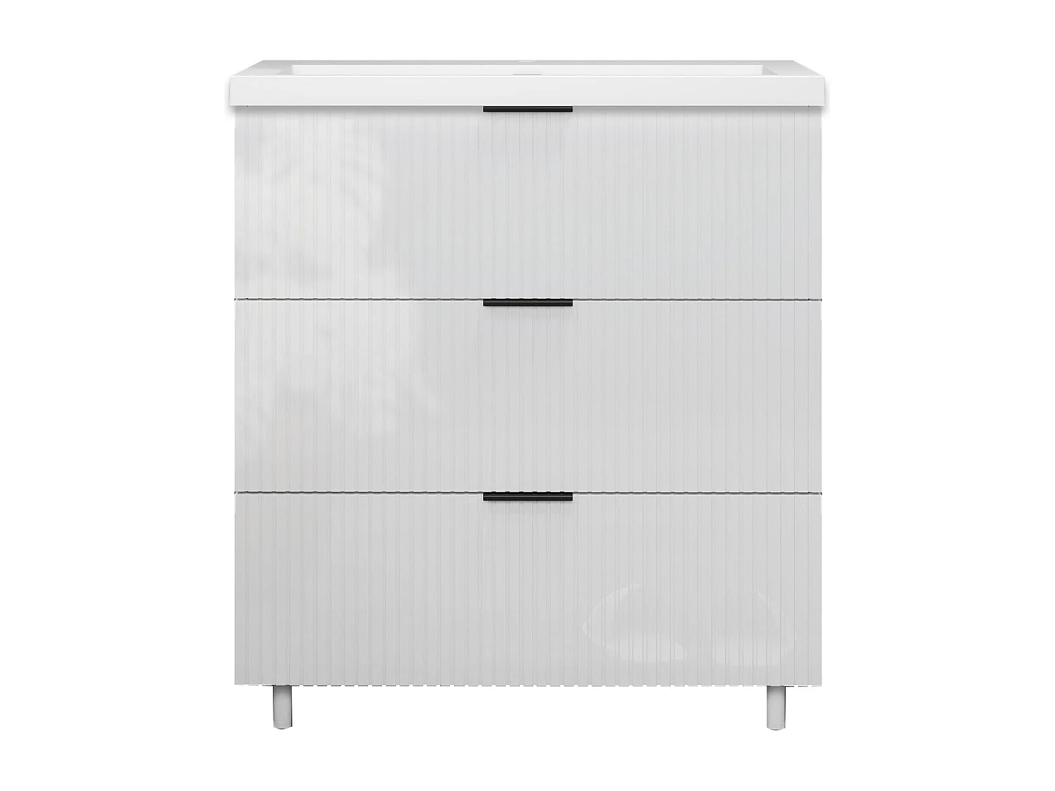 Meuble de salle de bain Strié Brillant, Meuble de sol 80cm avec simple lavabo + 3 tiroirs, Blanc