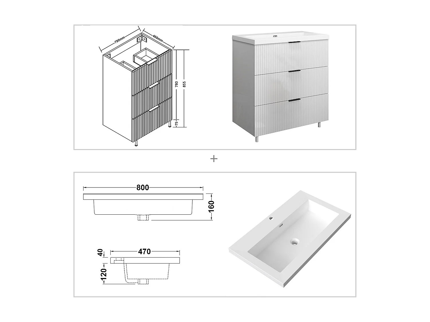 Meuble de salle de bain Strié Brillant, Meuble de sol 80cm avec simple lavabo + 3 tiroirs, Blanc
