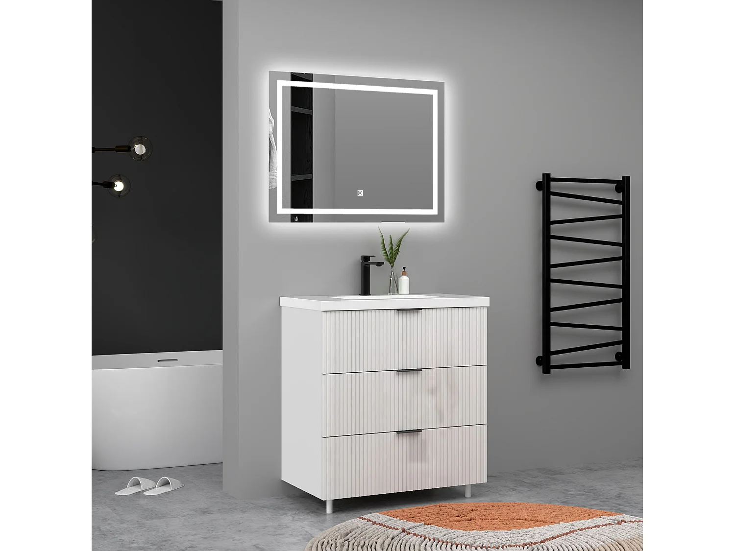 Meuble de salle de bain Strié Brillant, Meuble de sol 80cm avec simple lavabo + 3 tiroirs, Blanc