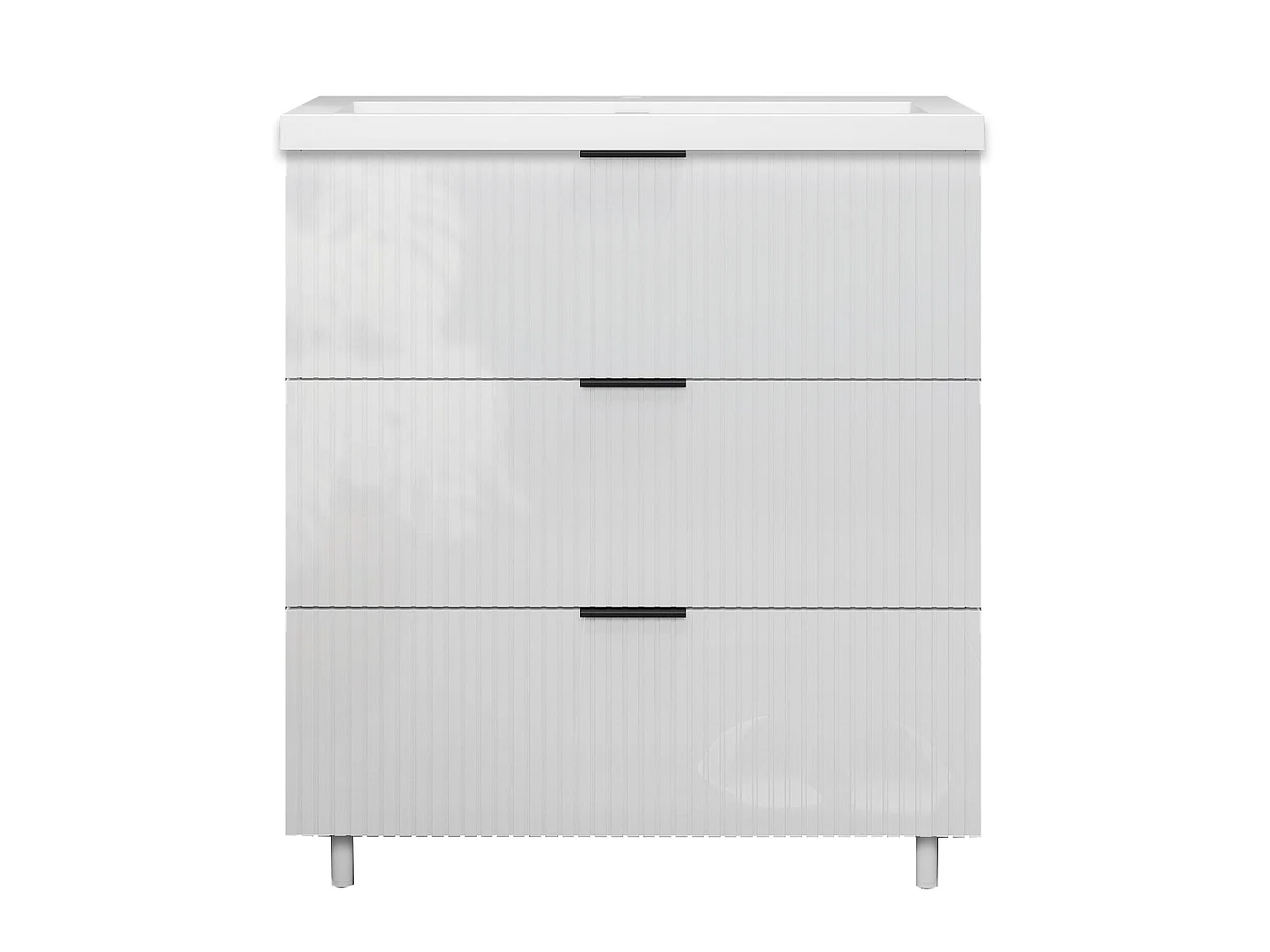 Meuble de salle de bain Strié Brillant, Meuble de sol 80cm avec simple lavabo + 3 tiroirs, Blanc
