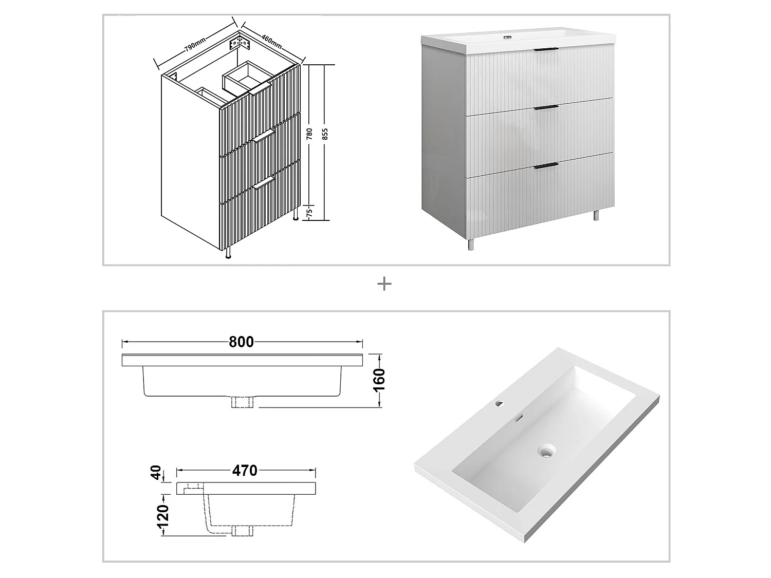 Meuble de salle de bain Strié Brillant, Meuble de sol 80cm avec simple lavabo + 3 tiroirs, Blanc