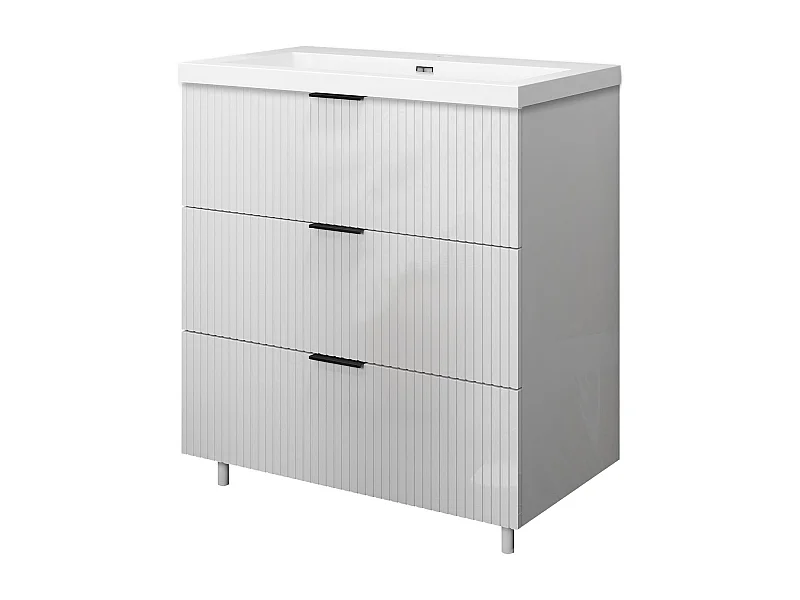 Meuble de salle de bain Strié Brillant, Meuble de sol 80cm avec simple lavabo + 3 tiroirs, Blanc