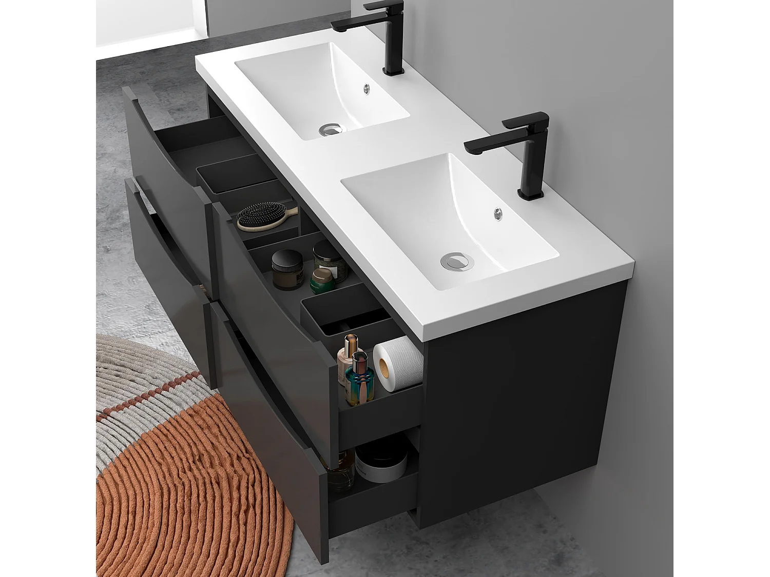 Meuble de salle de bain suspendu Brillant 120cm avec simple vasque + 4 tiroirs, Anthracite