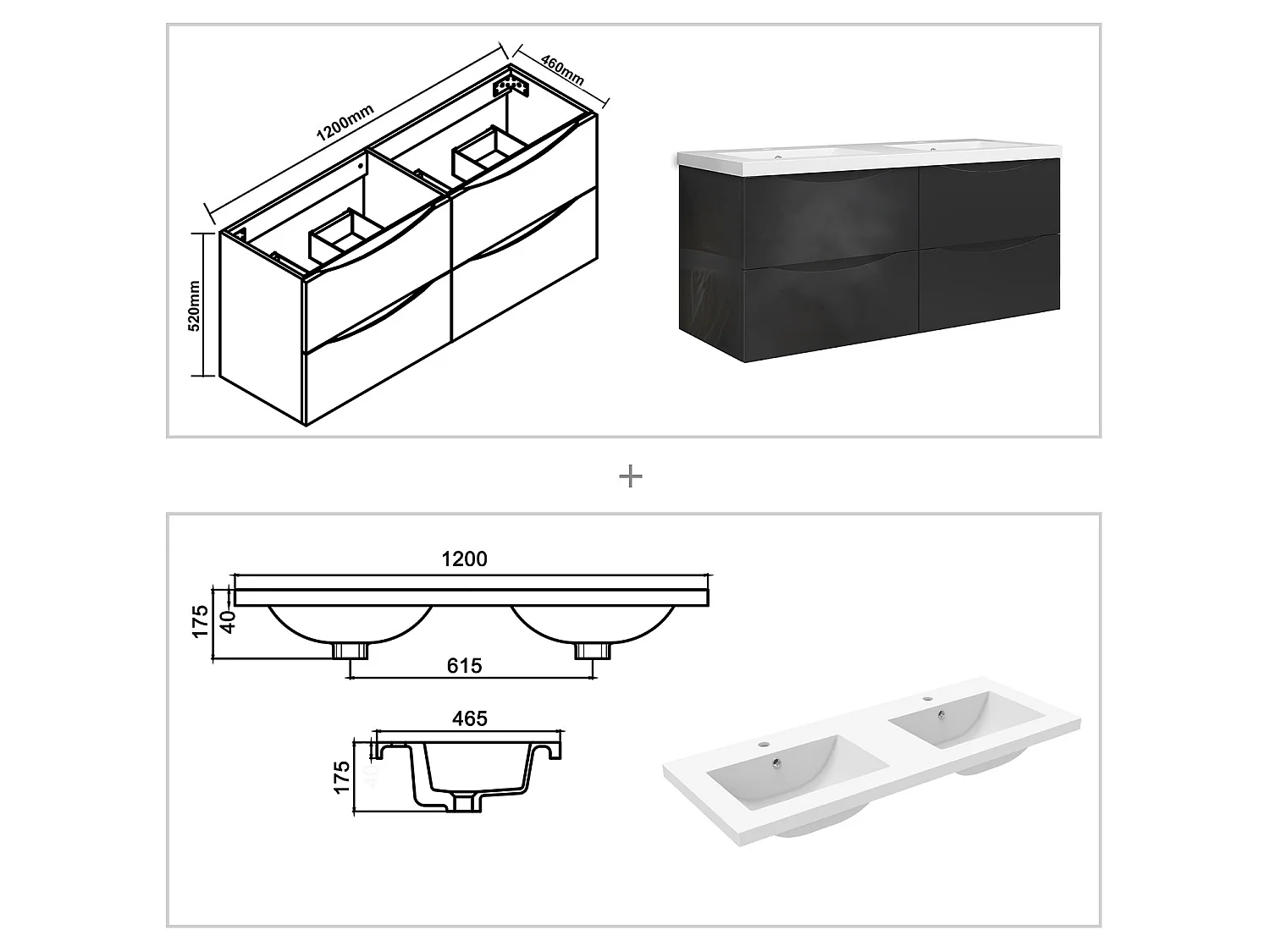 Meuble de salle de bain suspendu Brillant 120cm avec simple vasque + 4 tiroirs, Anthracite
