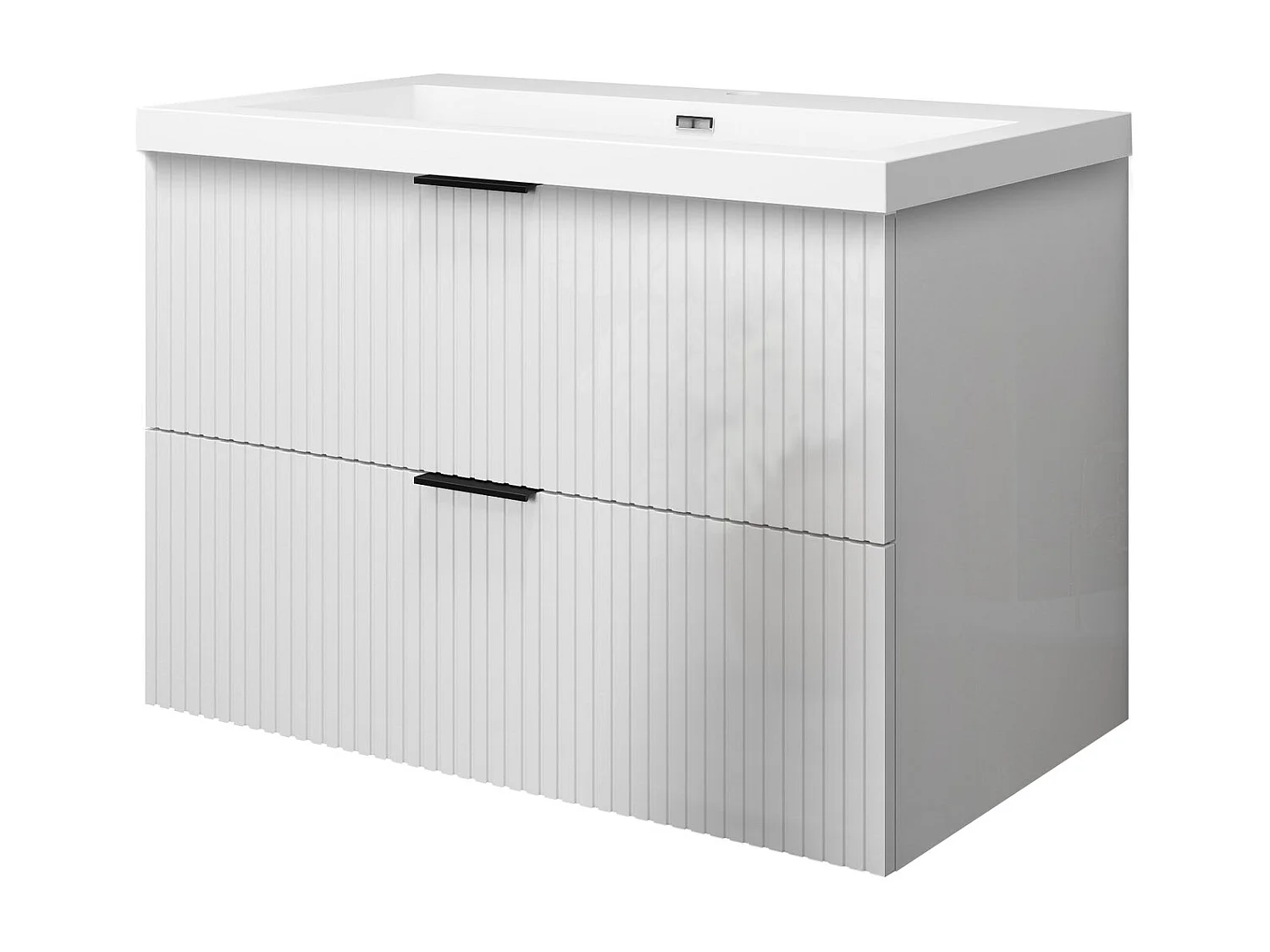 Meuble de salle de bain suspendu Strié Brillant 80cm avec simple lavabo + 2 tiroirs, Blanc