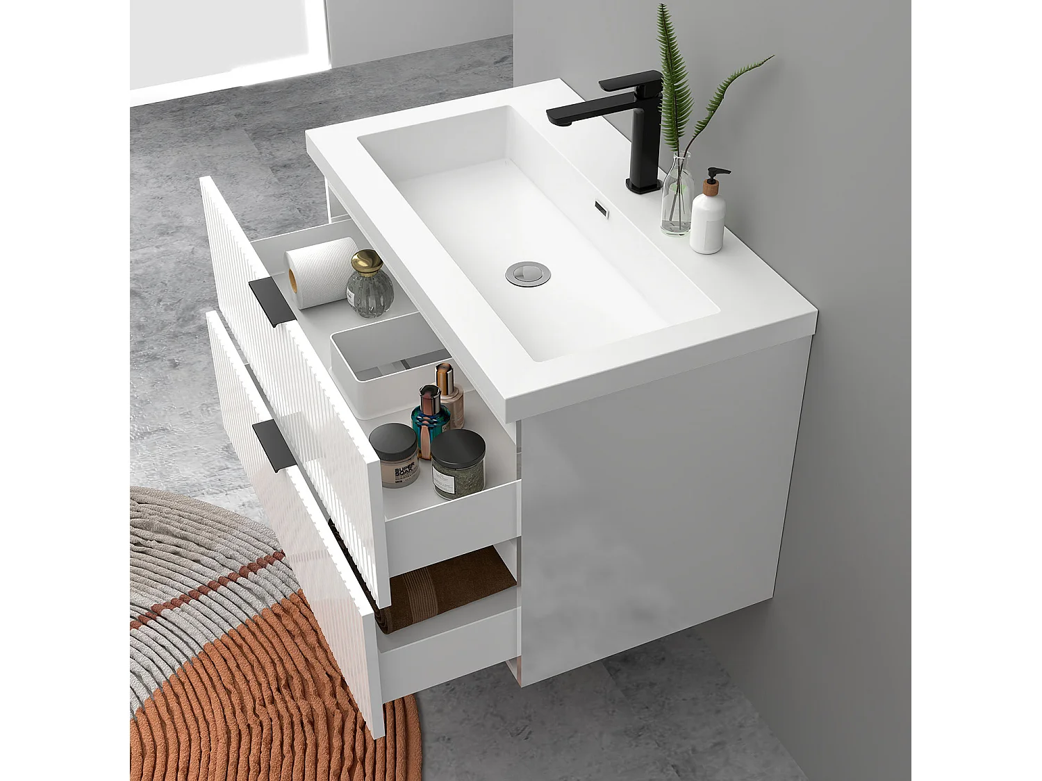 Meuble de salle de bain suspendu Strié Brillant 80cm avec simple lavabo + 2 tiroirs, Blanc