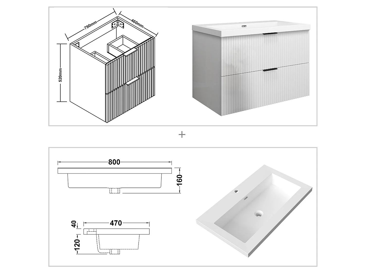Meuble de salle de bain suspendu Strié Brillant 80cm avec simple lavabo + 2 tiroirs, Blanc
