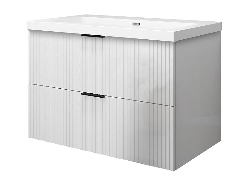 Meuble de salle de bain suspendu Strié Brillant 80cm avec simple lavabo + 2 tiroirs, Blanc