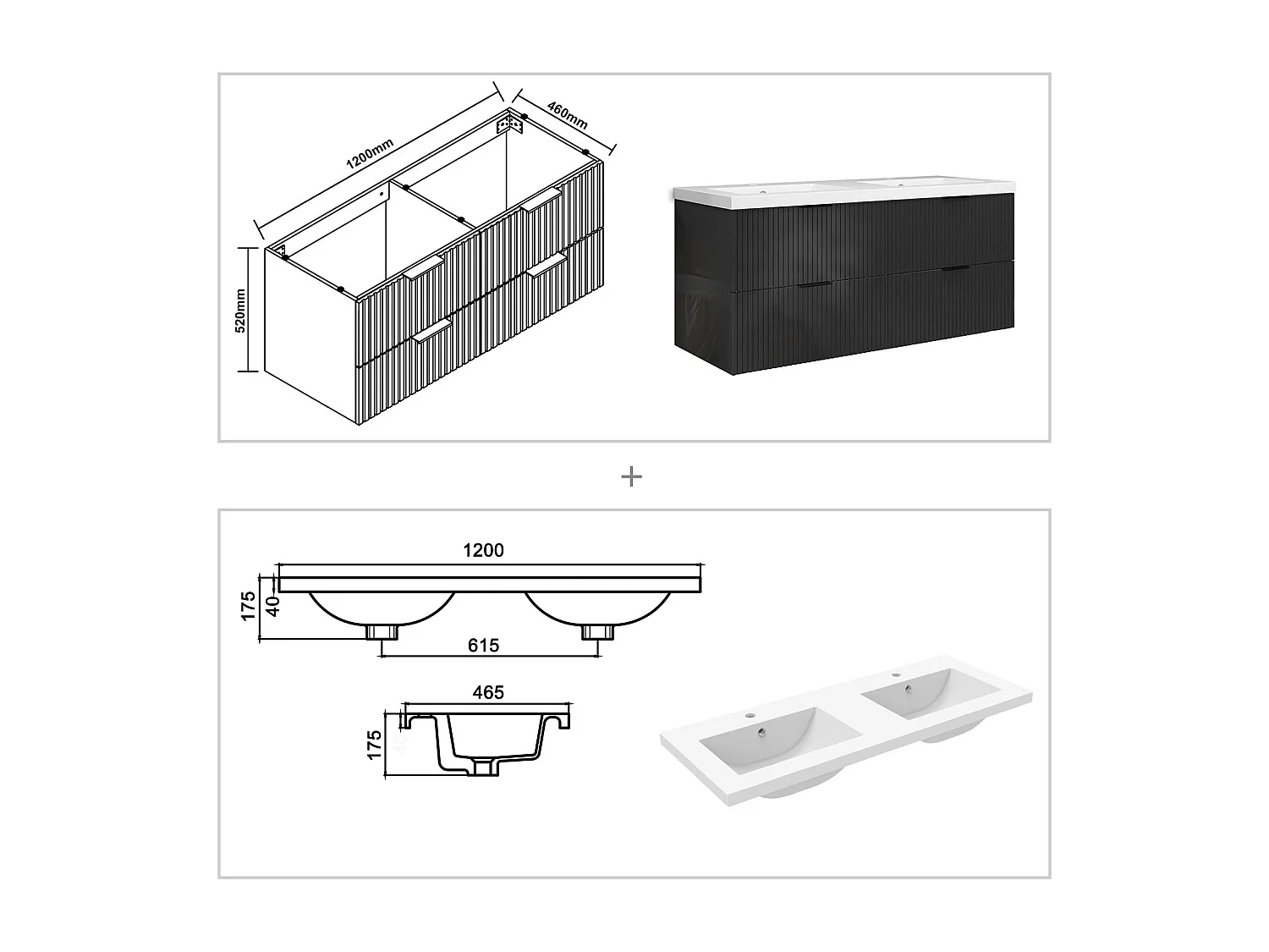 Meuble de salle de bain suspendu Strié Brillant 120cm avec simple vasque + 4 tiroirs, Anthracite