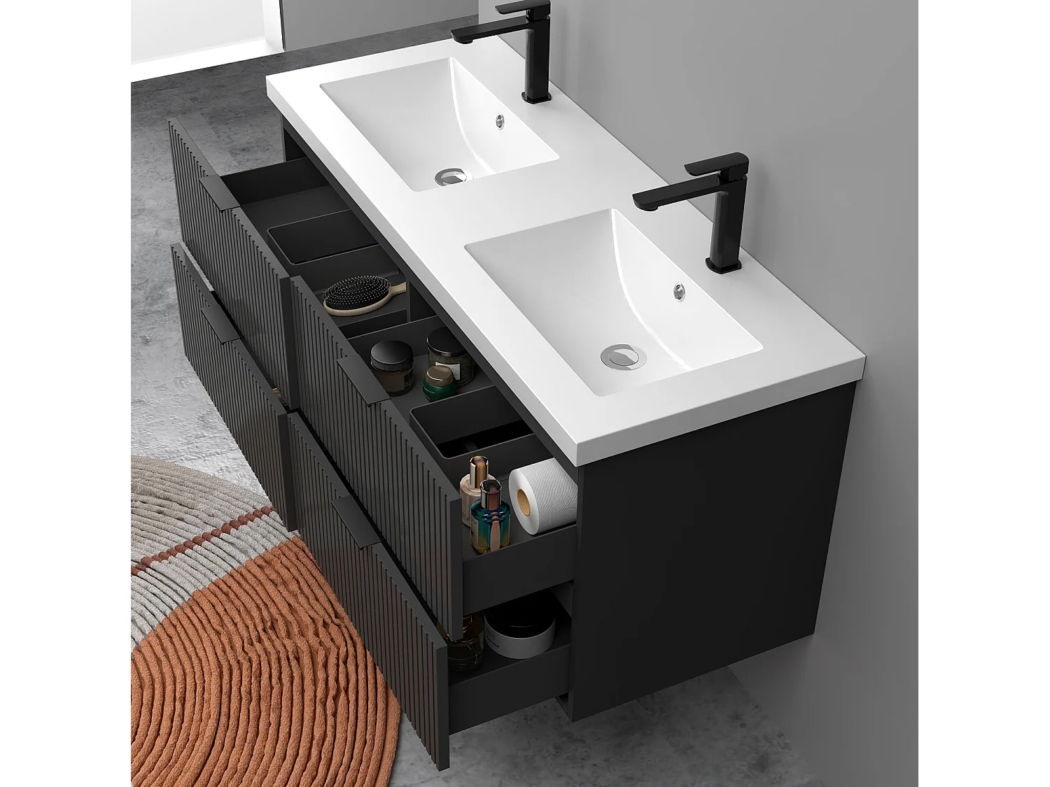 Meuble de salle de bain suspendu Strié Brillant 120cm avec simple vasque + 4 tiroirs, Anthracite