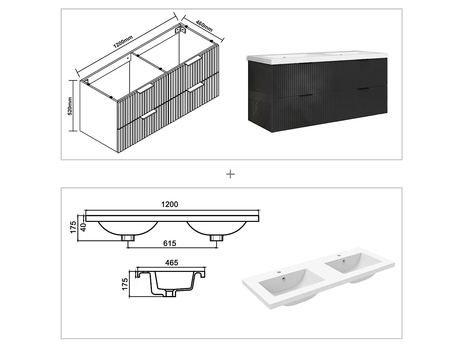 Meuble de salle de bain suspendu Strié Brillant 120cm avec simple vasque + 4 tiroirs, Anthracite