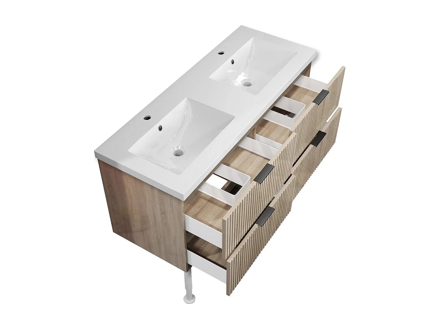 Meuble de salle de bain Strié Brillant, Meuble de sol 120cm avec simple vasque + 4 tiroirs, Chêne