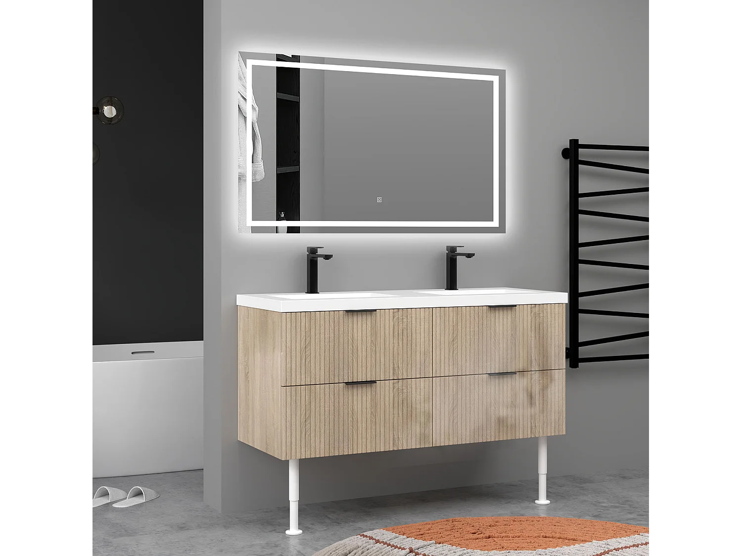 Meuble de salle de bain Strié Brillant, Meuble de sol 120cm avec simple vasque + 4 tiroirs, Chêne