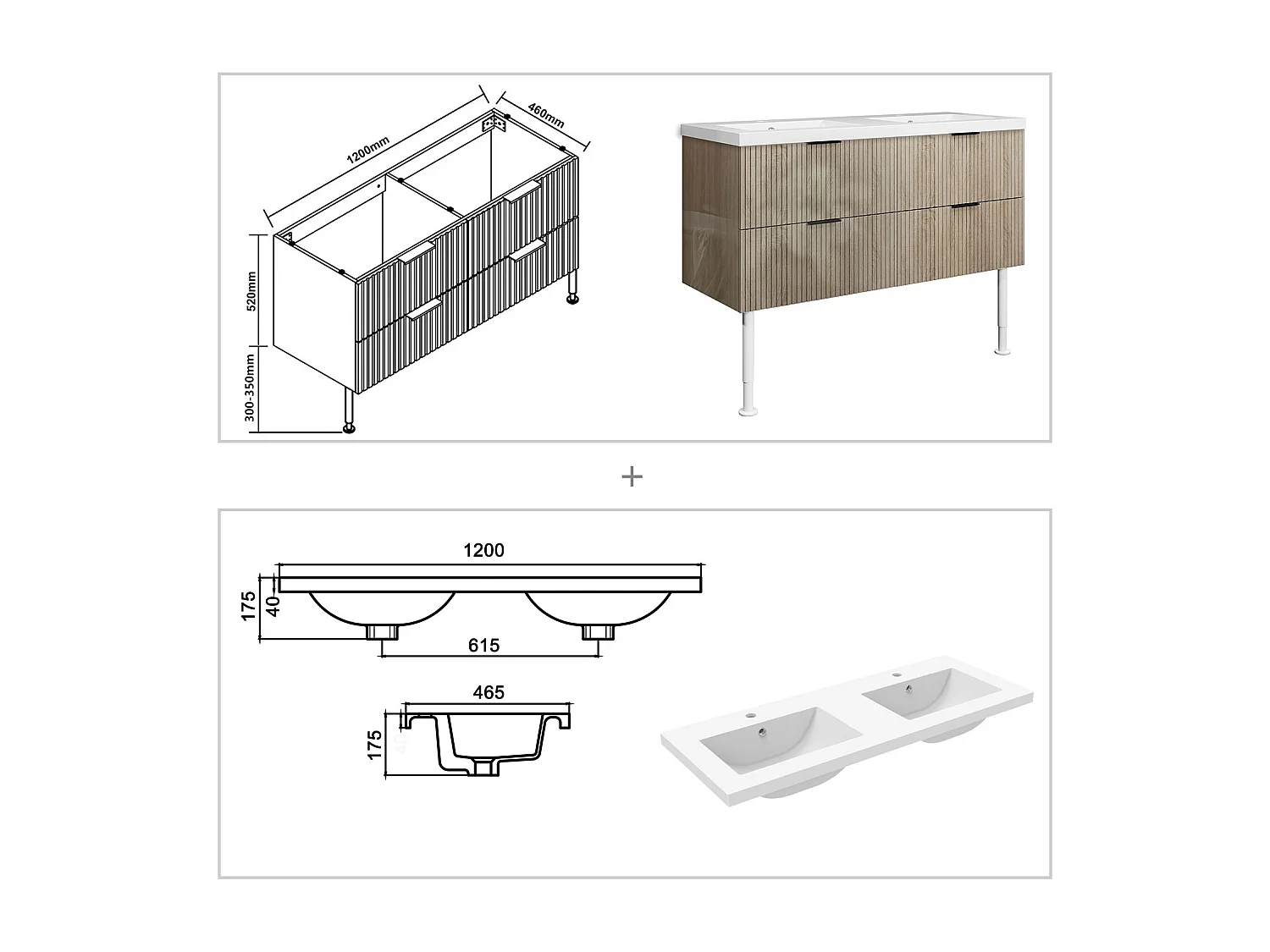 Meuble de salle de bain Strié Brillant, Meuble de sol 120cm avec simple vasque + 4 tiroirs, Chêne