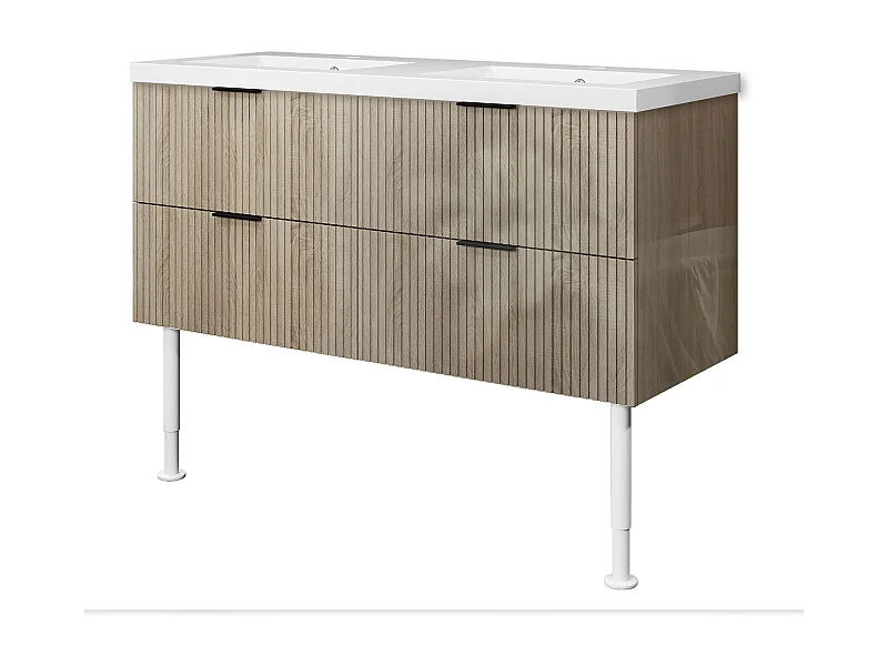 Meuble de salle de bain Strié Brillant, Meuble de sol 120cm avec simple vasque + 4 tiroirs, Chêne