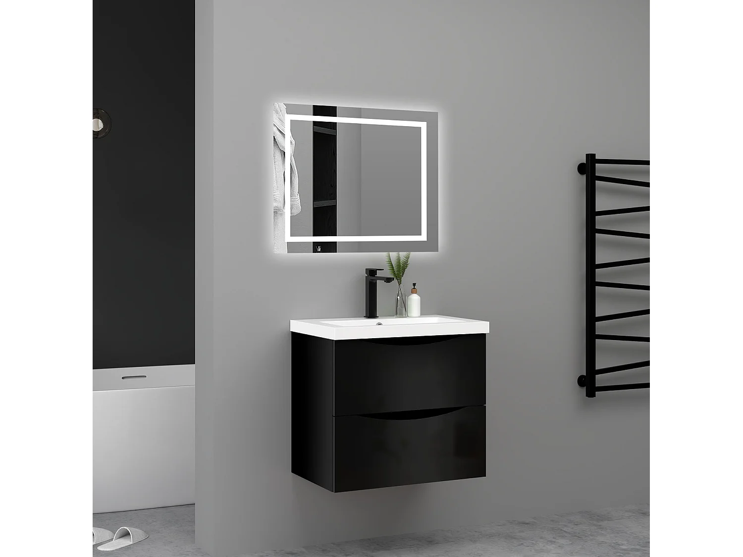 Meuble de salle de bain suspendu Brillant 80cm avec simple lavabo + 2 tiroirs, Noir