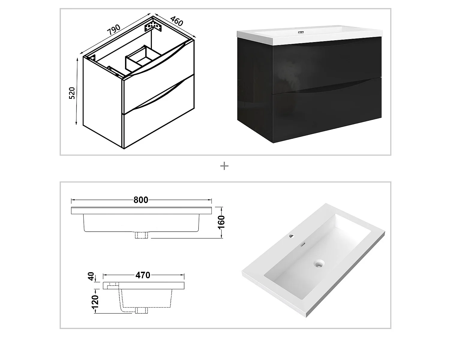 Meuble de salle de bain suspendu Brillant 80cm avec simple lavabo + 2 tiroirs, Noir