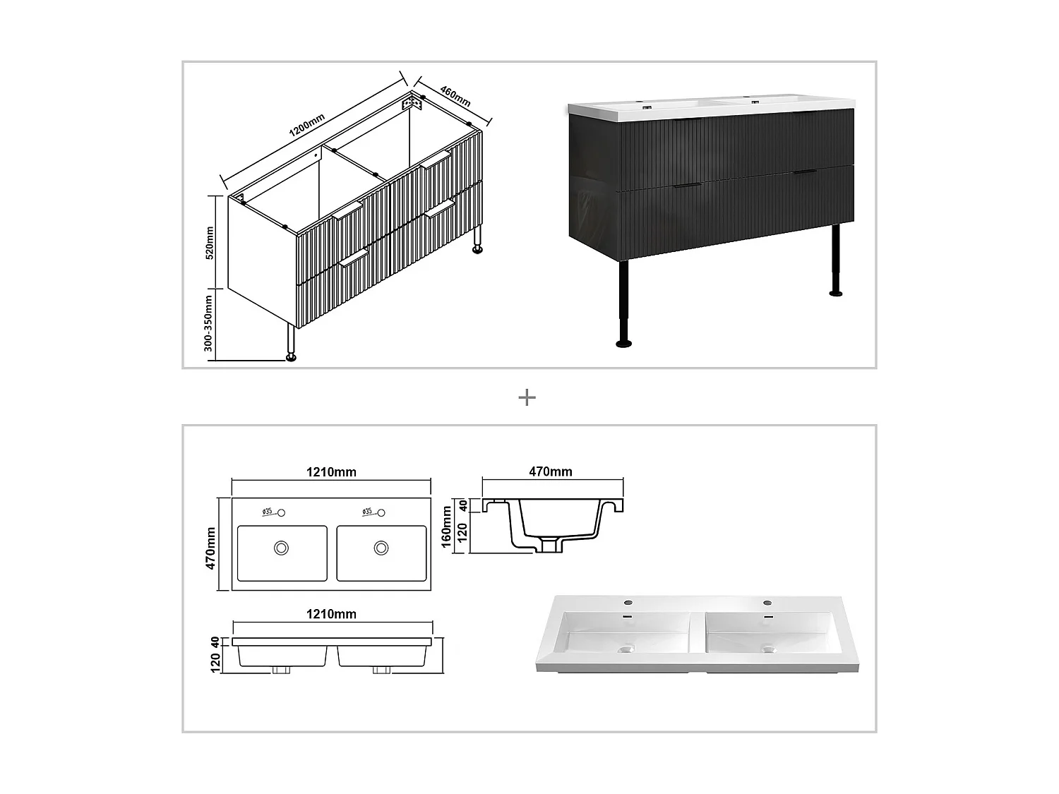 Meuble de salle de bain Strié Brillant, Meuble de sol 120cm avec simple lavabo + 4 tiroirs, Anthracite
