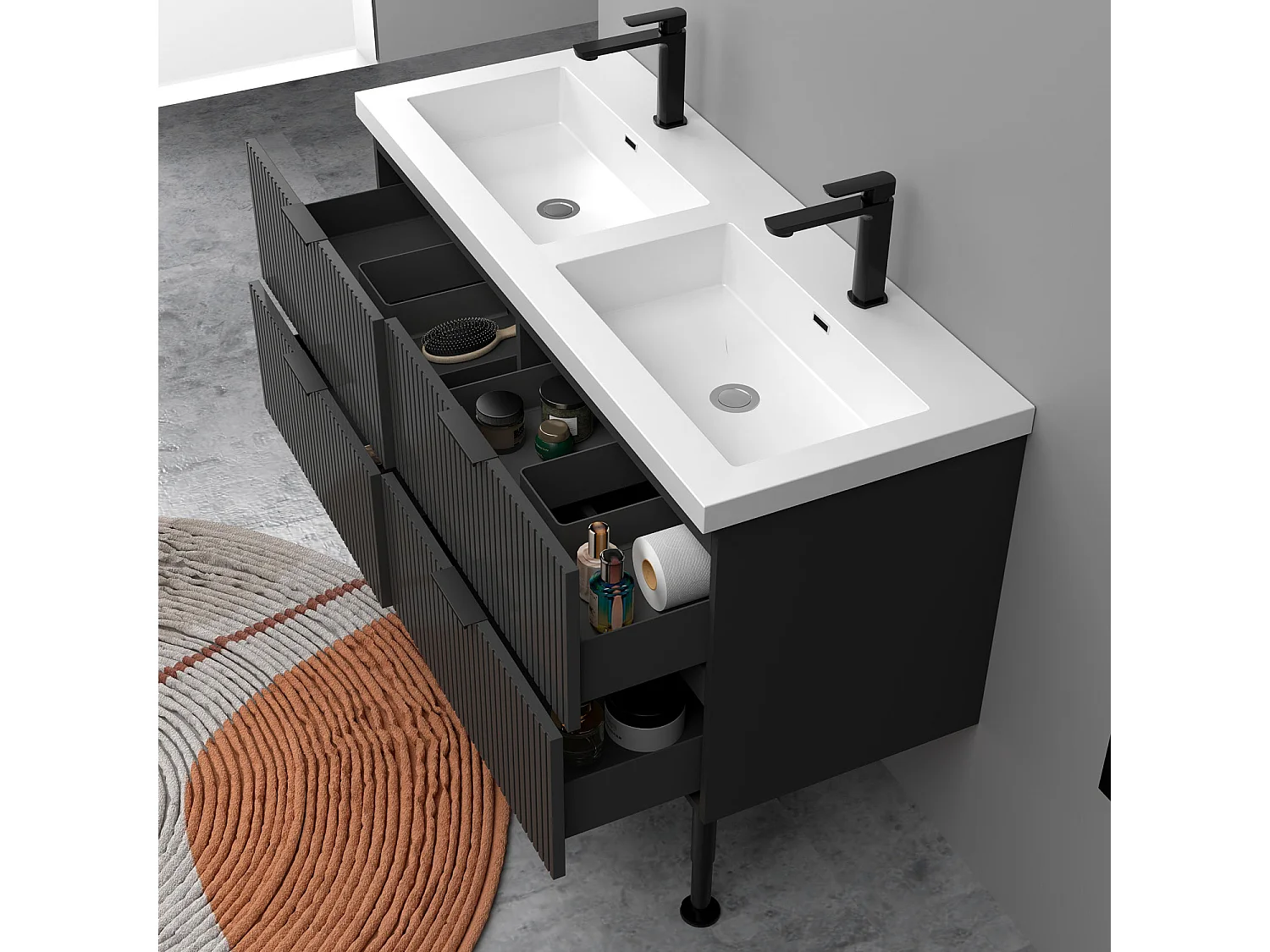 Meuble de salle de bain Strié Brillant, Meuble de sol 120cm avec simple lavabo + 4 tiroirs, Anthracite
