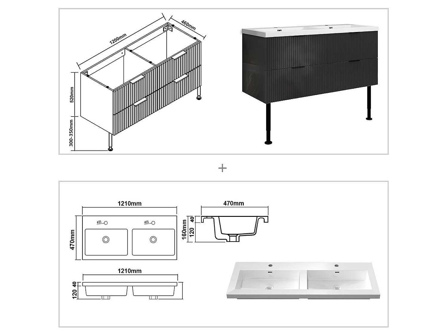 Meuble de salle de bain Strié Brillant, Meuble de sol 120cm avec simple lavabo + 4 tiroirs, Anthracite
