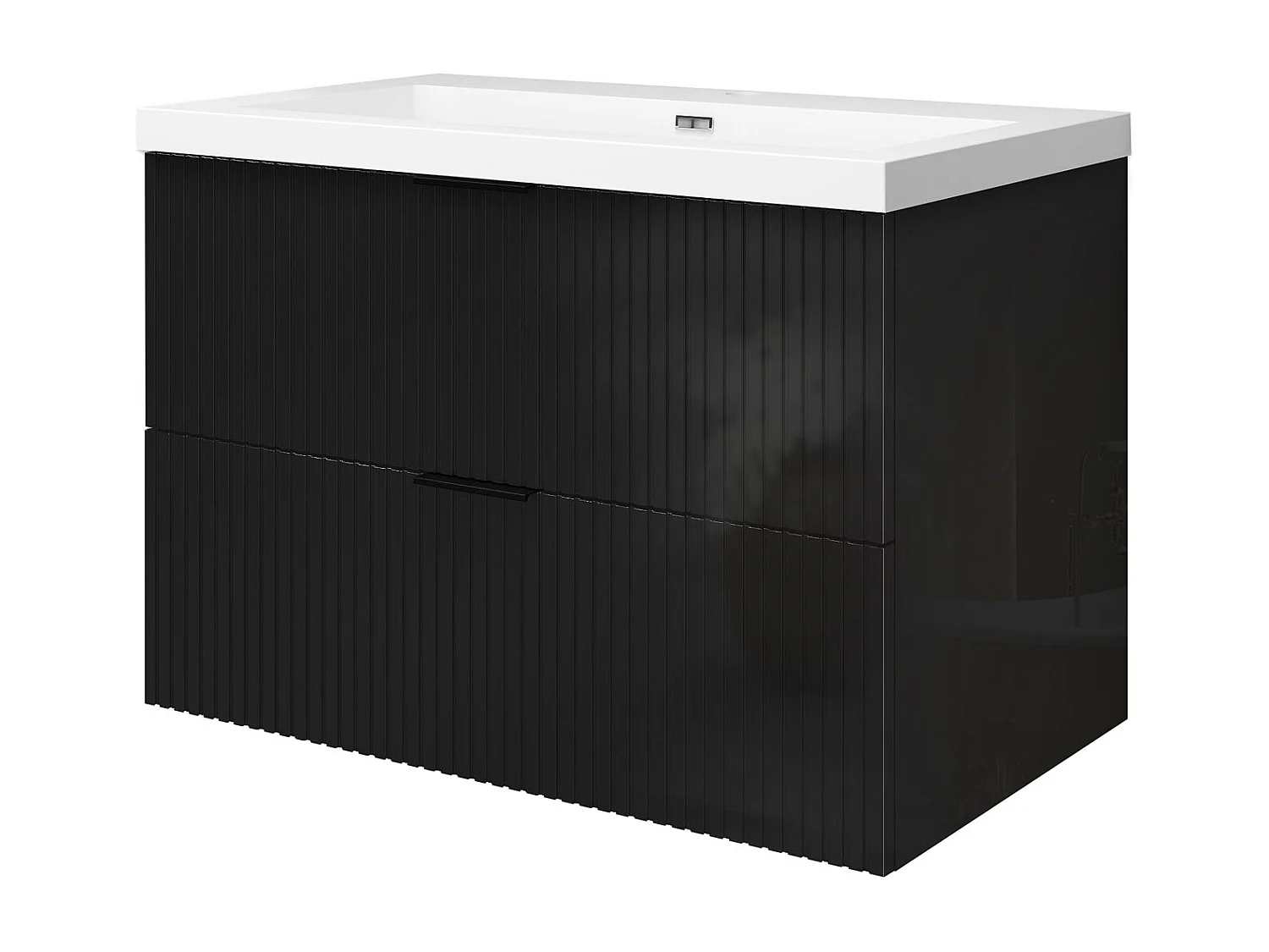 Meuble de salle de bain suspendu Strié Brillant 80cm avec simple lavabo + 2 tiroirs, Noir