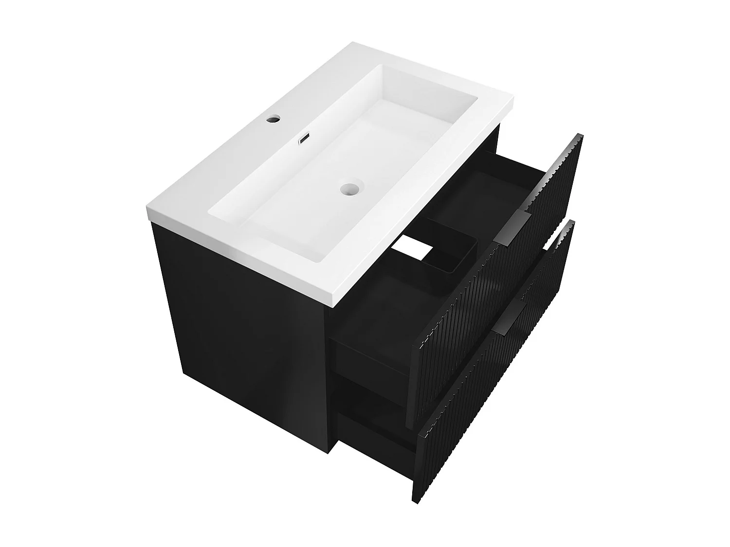 Meuble de salle de bain suspendu Strié Brillant 80cm avec simple lavabo + 2 tiroirs, Noir