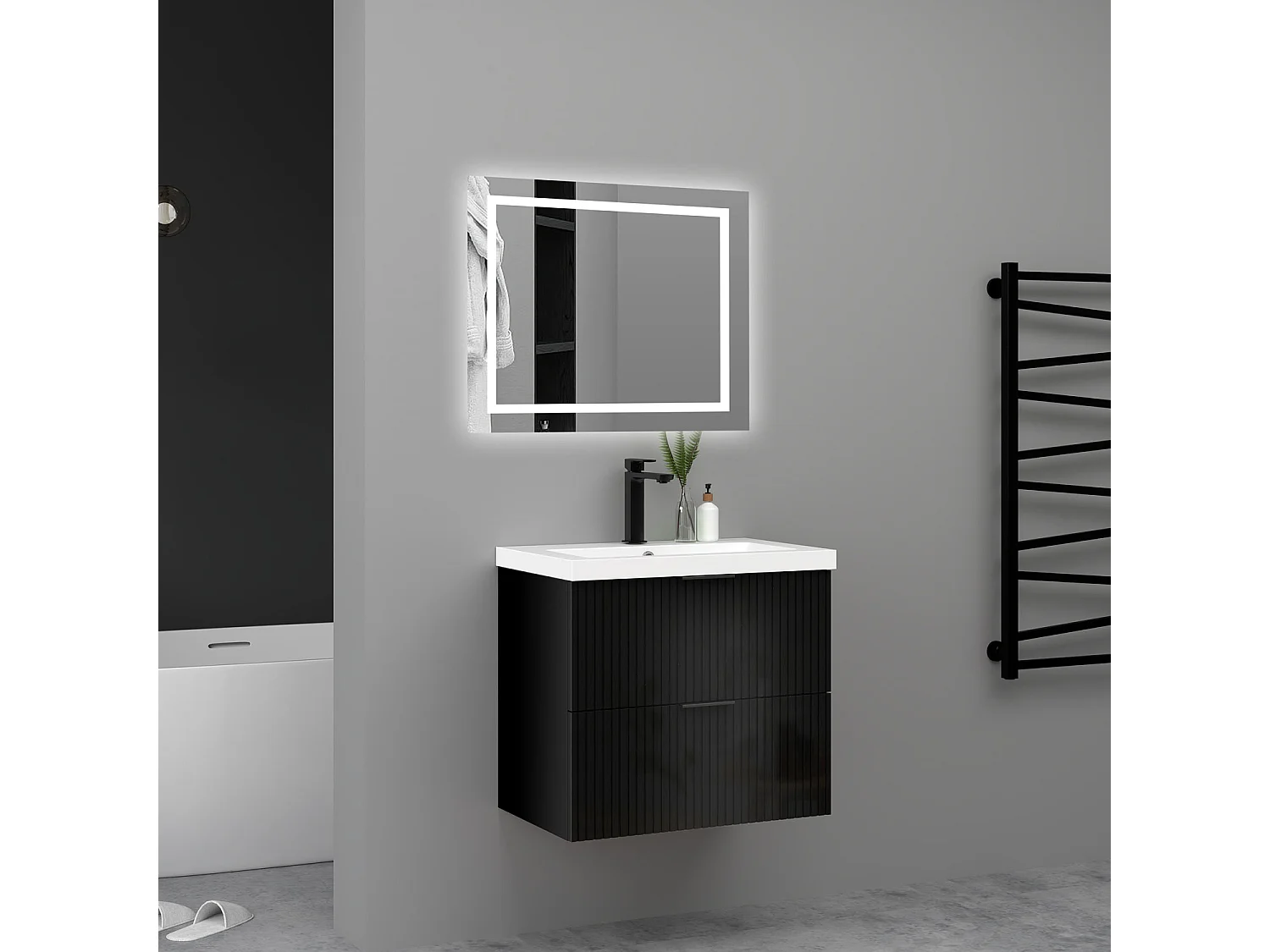 Meuble de salle de bain suspendu Strié Brillant 80cm avec simple lavabo + 2 tiroirs, Noir