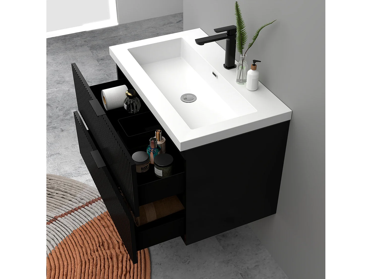 Meuble de salle de bain suspendu Strié Brillant 80cm avec simple lavabo + 2 tiroirs, Noir