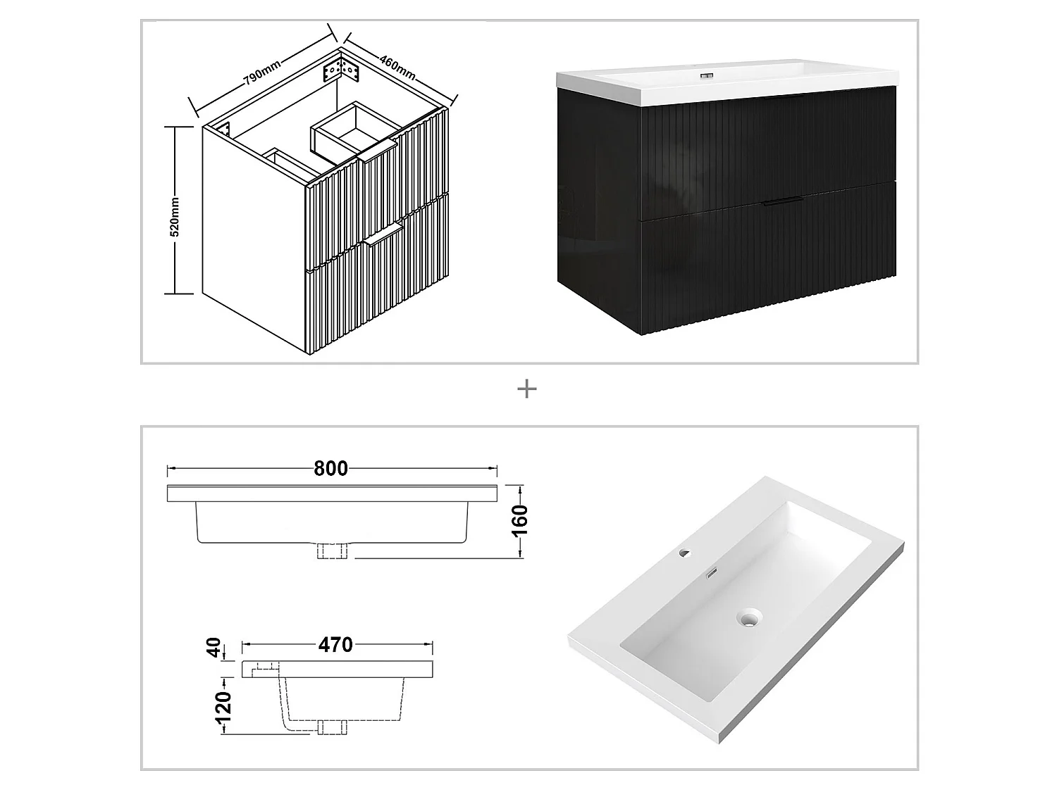 Meuble de salle de bain suspendu Strié Brillant 80cm avec simple lavabo + 2 tiroirs, Noir
