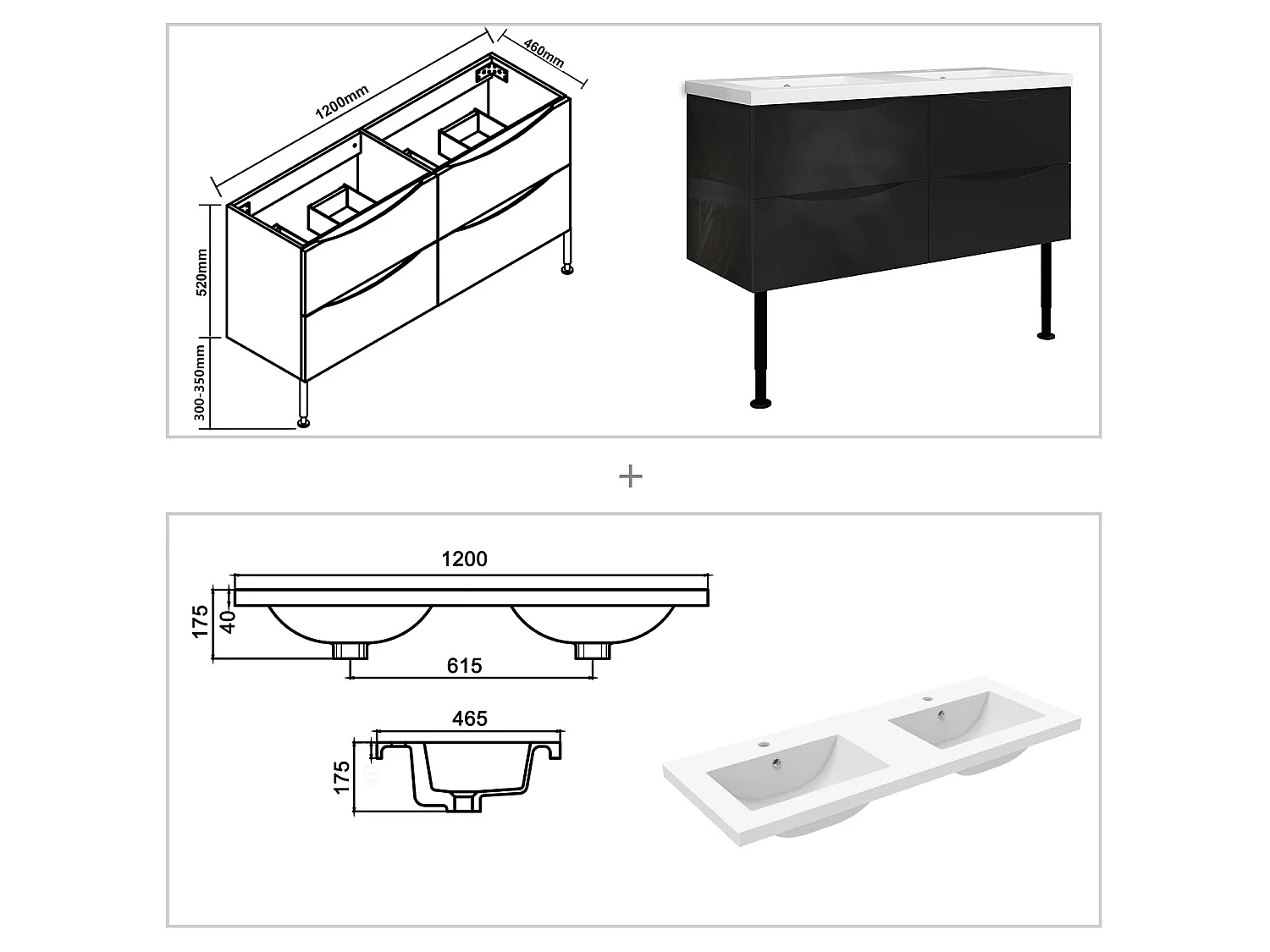 Meuble de salle de bain Brillant, Meuble de sol 120cm avec simple vasque + 4 tiroirs, Noir