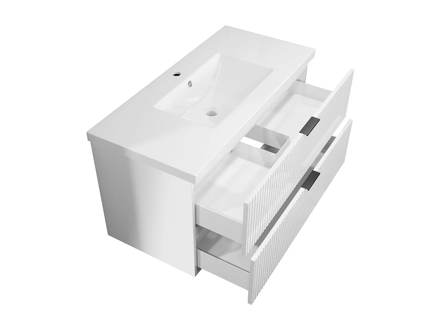 Meuble de salle de bain suspendu Strié Brillant 100cm avec simple vasque + 2 tiroirs, Blanc