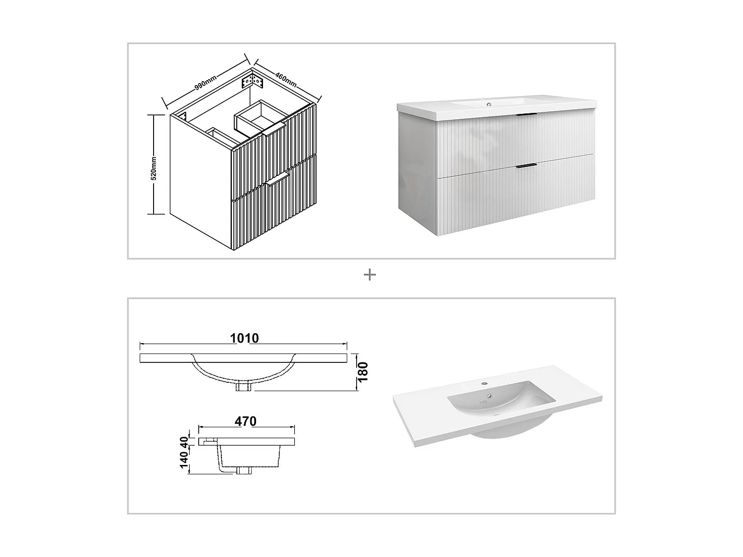 Meuble de salle de bain suspendu Strié Brillant 100cm avec simple vasque + 2 tiroirs, Blanc