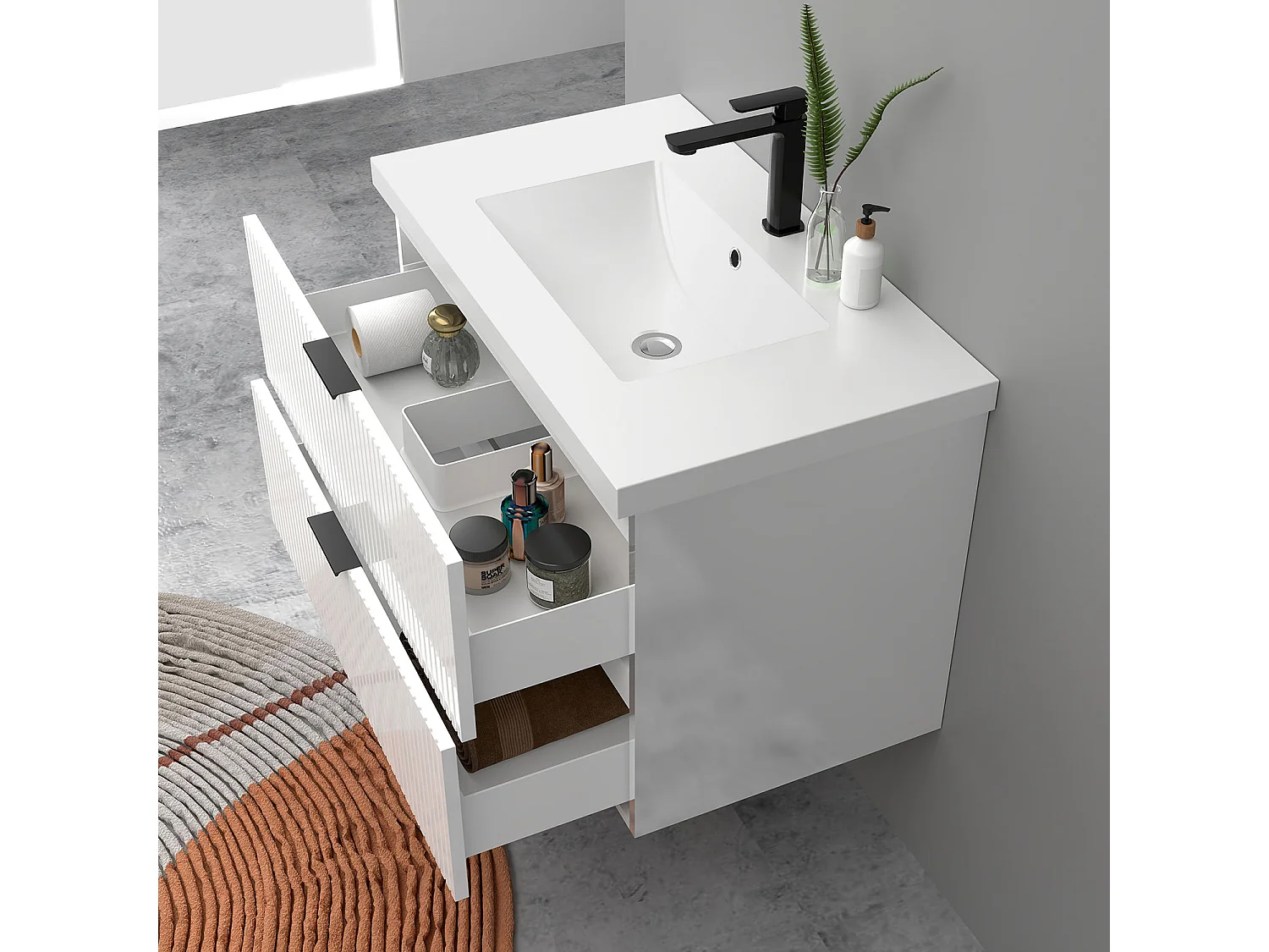 Meuble de salle de bain suspendu Strié Brillant 100cm avec simple vasque + 2 tiroirs, Blanc