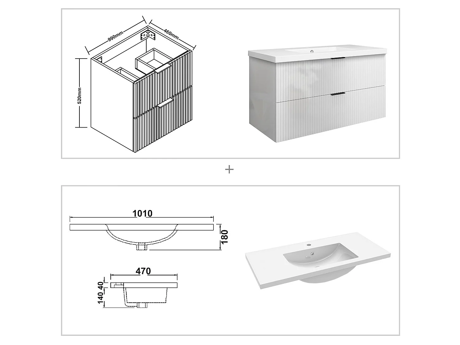 Meuble de salle de bain suspendu Strié Brillant 100cm avec simple vasque + 2 tiroirs, Blanc