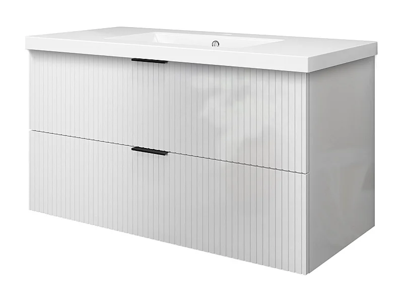 Meuble de salle de bain suspendu Strié Brillant 100cm avec simple vasque + 2 tiroirs, Blanc