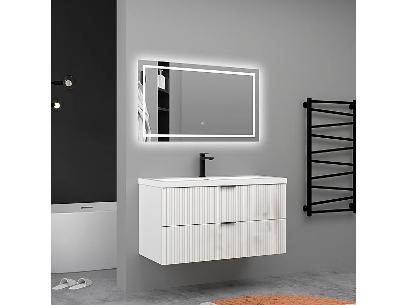 Meuble de salle de bain suspendu Strié Brillant 100cm avec simple vasque + 2 tiroirs, Blanc