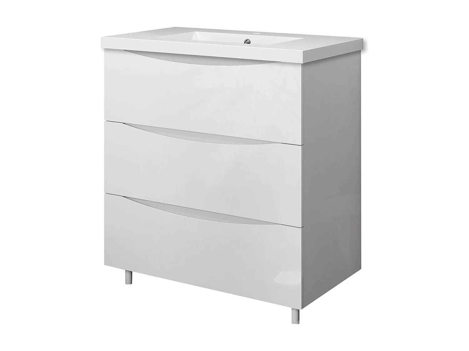 Meuble de salle de bain Brillant, Meuble de sol 80cm avec simple vasque + 3 tiroirs, Blanc