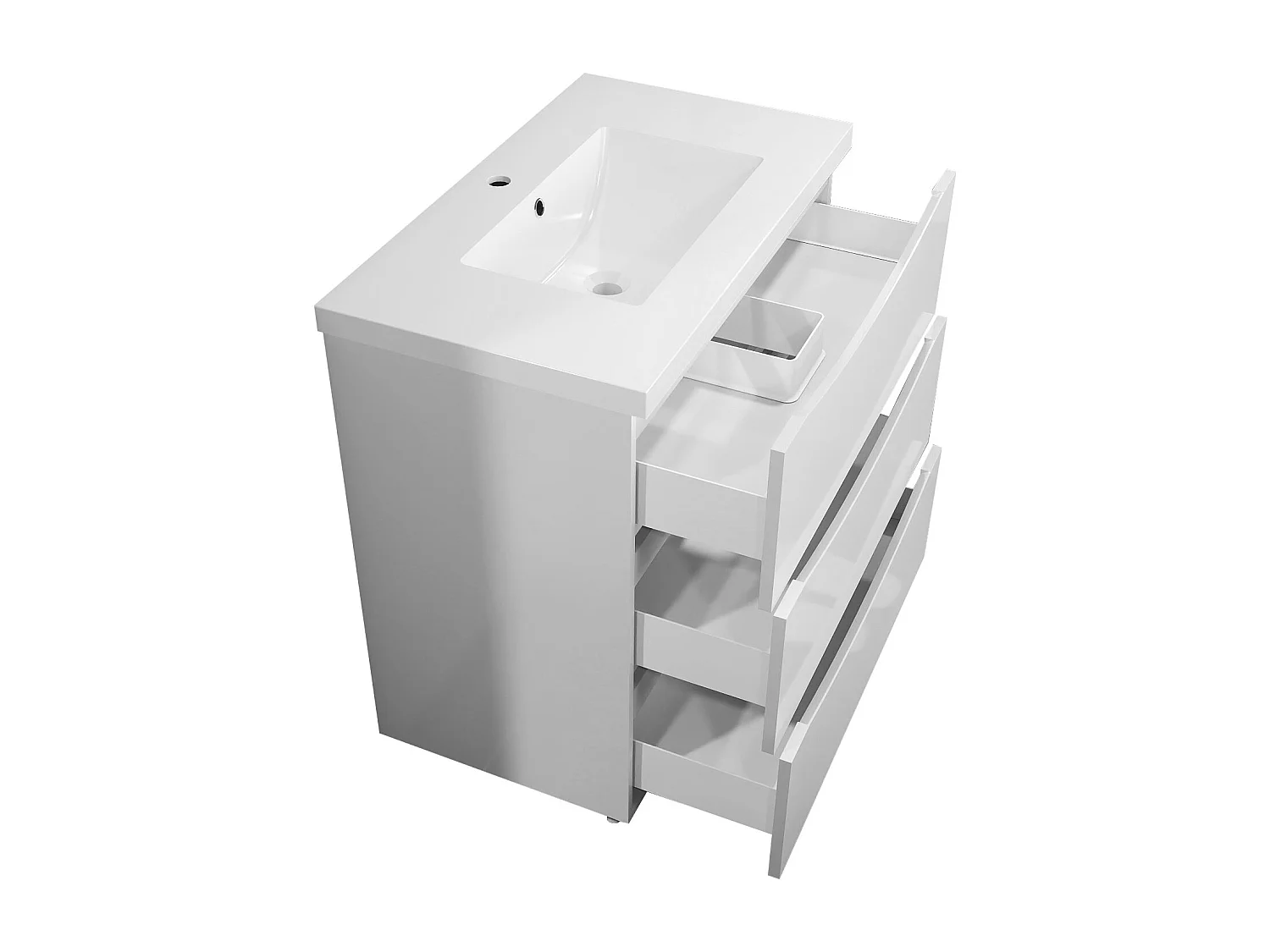 Meuble de salle de bain Brillant, Meuble de sol 80cm avec simple vasque + 3 tiroirs, Blanc