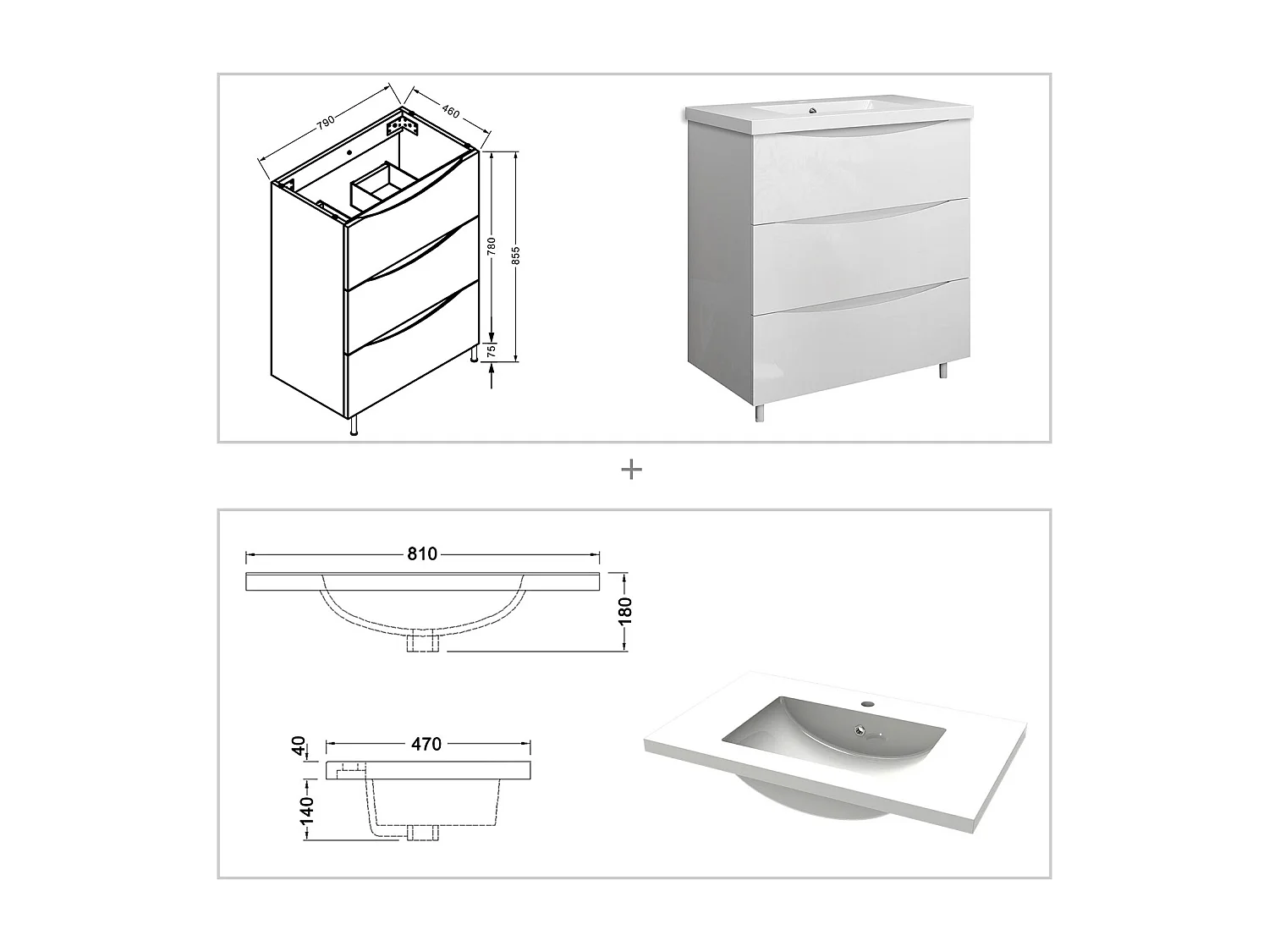 Meuble de salle de bain Brillant, Meuble de sol 80cm avec simple vasque + 3 tiroirs, Blanc